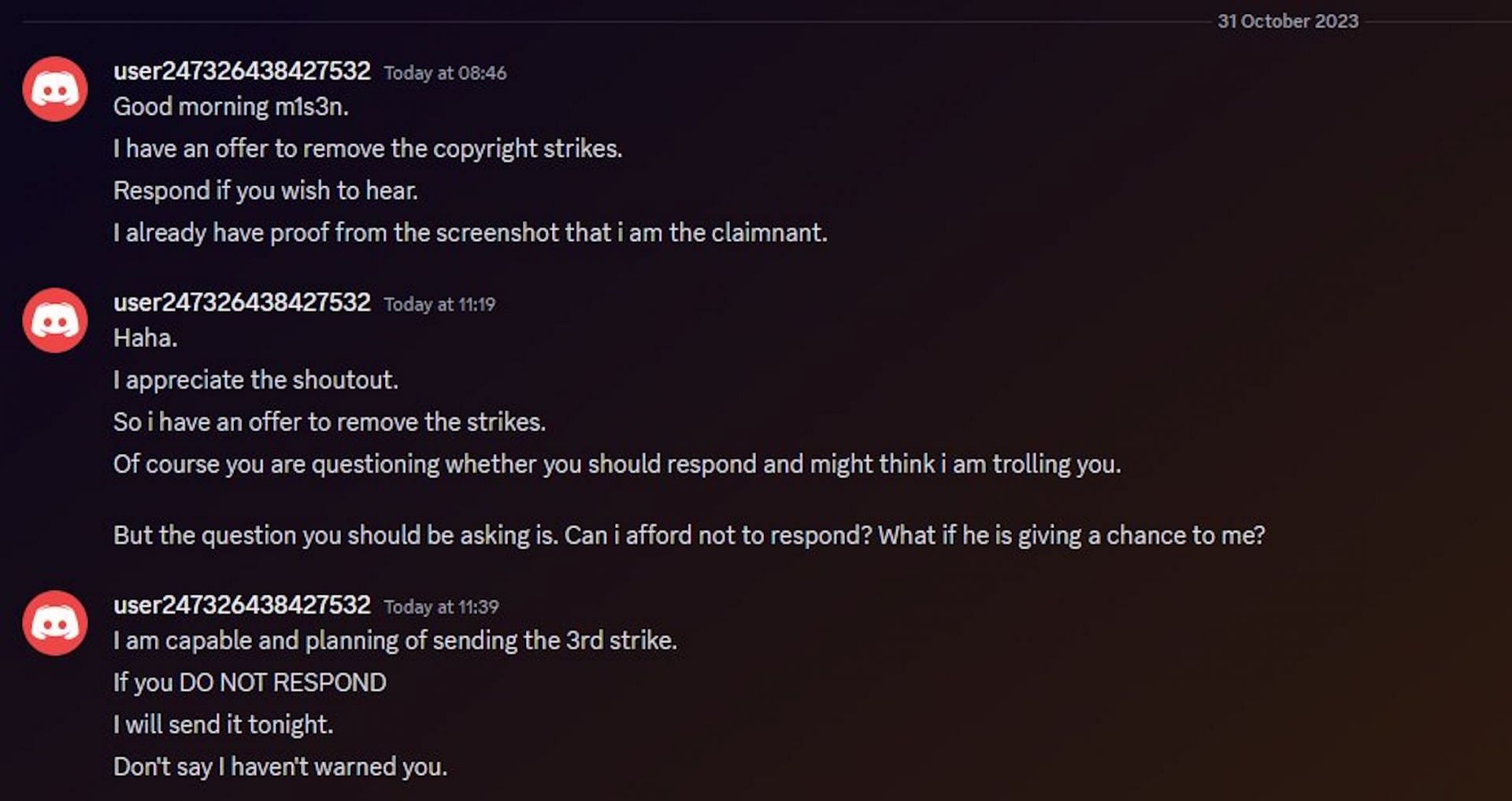 More threats about issuing another strike (Image via Discord)